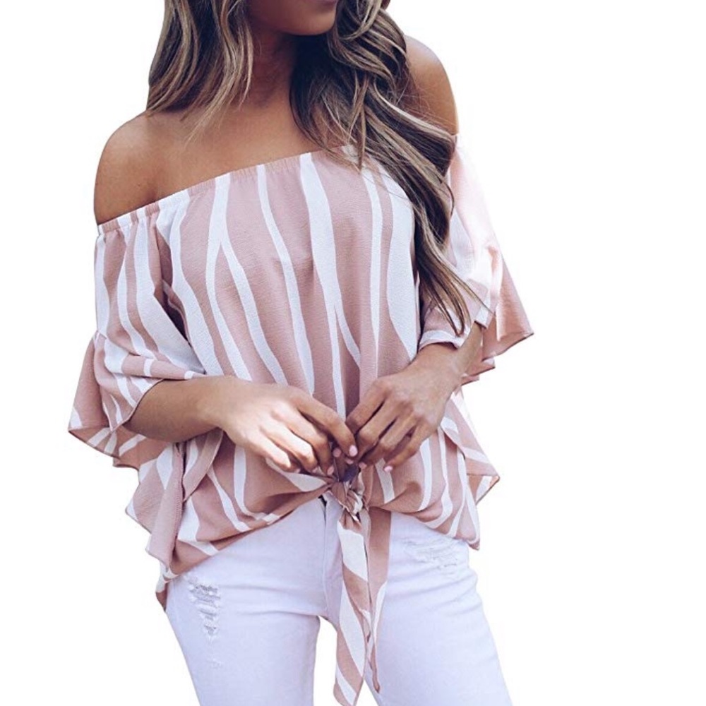 off the shoulder 3/4 sleeve tie knot blouse